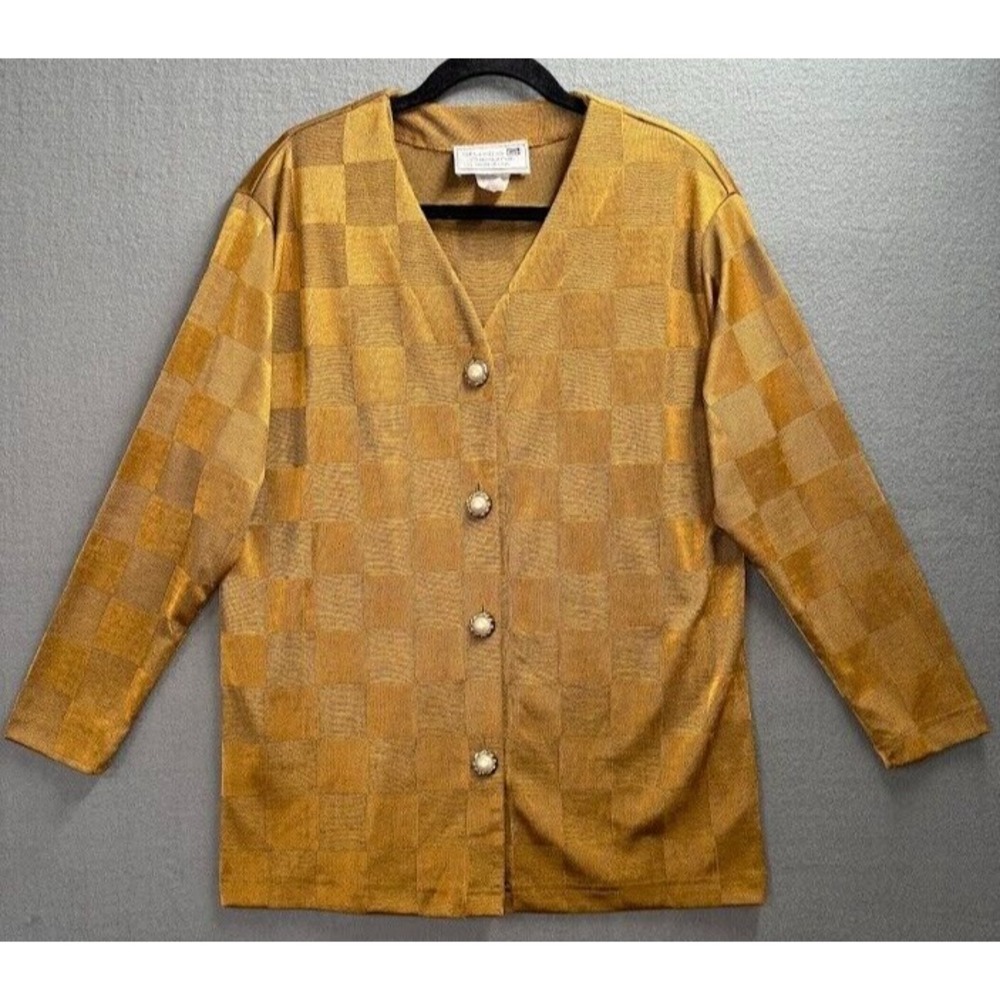 Studio G Jacket Women Small Gold Plaid V Neck‎  Long Sleeve Buttons Top